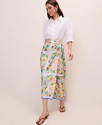 Ann Taylor Lemon Print Wrap Effect Midi Skirt in Satin sold by Ann Taylor