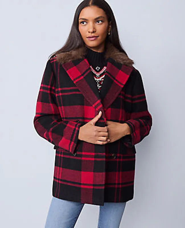 Ann Taylor Petite Weekend Plaid Faux Fur Trimmed Peacoat made by Ann Taylor