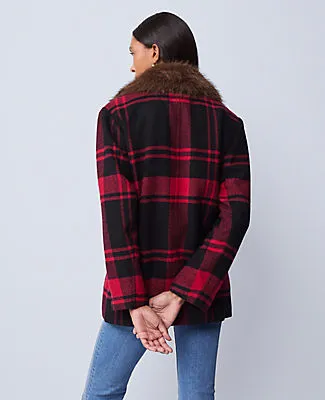 Ann Taylor Petite Weekend Plaid Faux Fur Trimmed Peacoat sold by Ann Taylor product image thumbnail 2