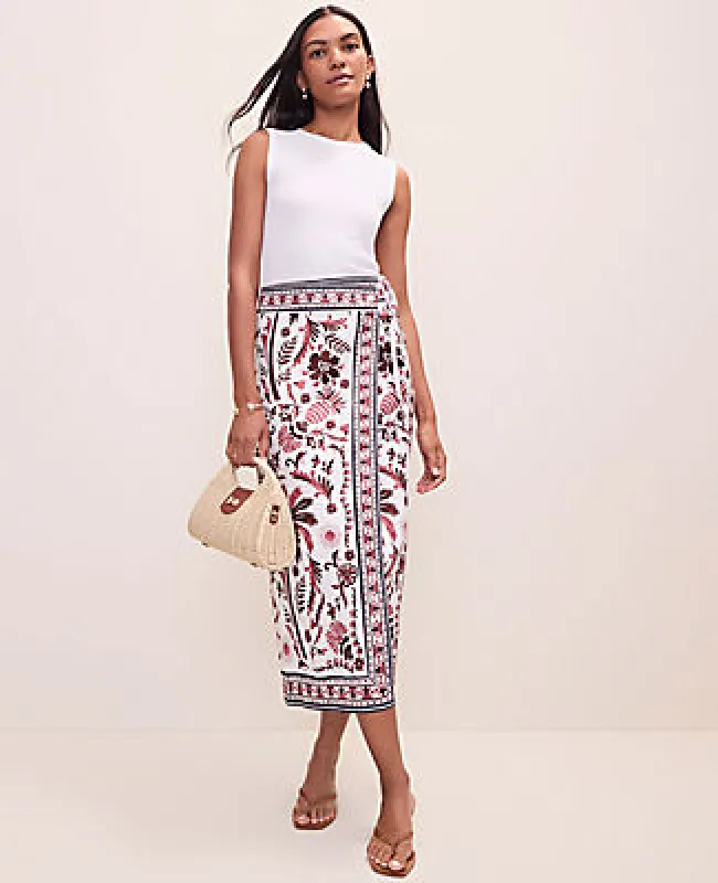 Ann Taylor Petite Weekend Palm Tree Print Sarong Midi Skirt in Linen Blend made by Ann Taylor