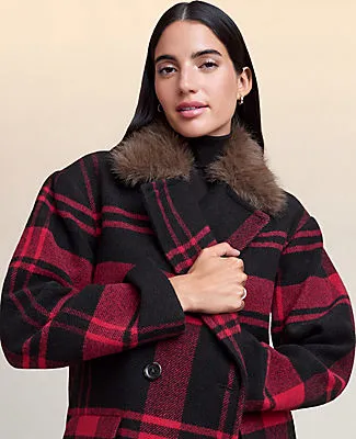 Ann Taylor Weekend Plaid Faux Fur Trimmed Peacoat sold by Ann Taylor product image thumbnail 3