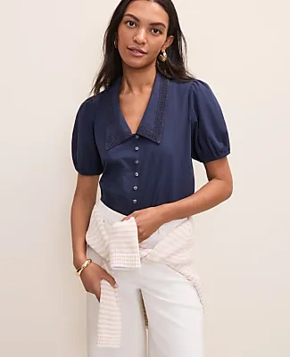 Ann Taylor Petite Weekend Lace Trim Blouse sold by Ann Taylor