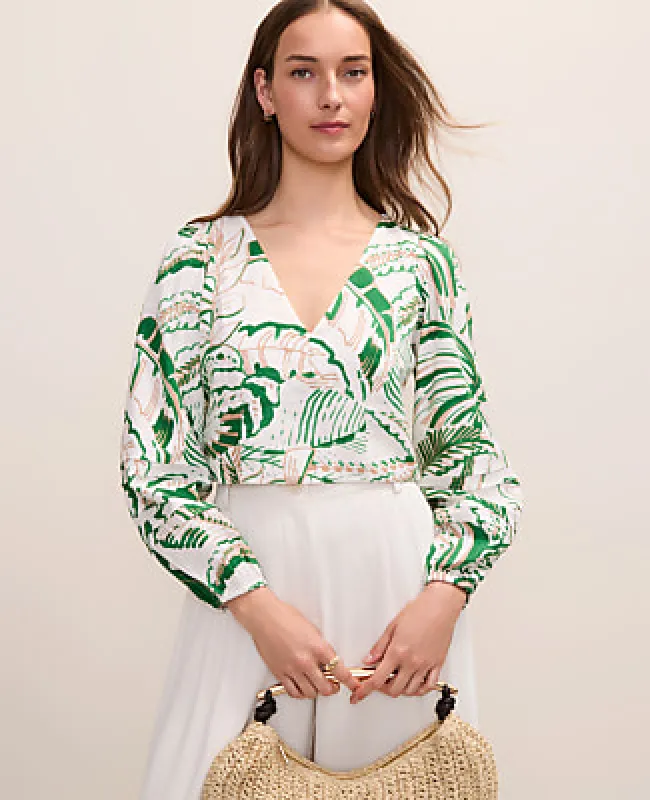 Ann Taylor Palm Print Embroidered V-Neck Blouse in Linen Blend made by Ann Taylor