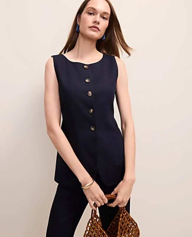 Ann Taylor The Long Crew Neck Vest in Linen Blend made by Ann Taylor