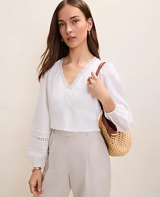 Ann Taylor Embroidered V-Neck Blouse in Linen Blend sold by Ann Taylor