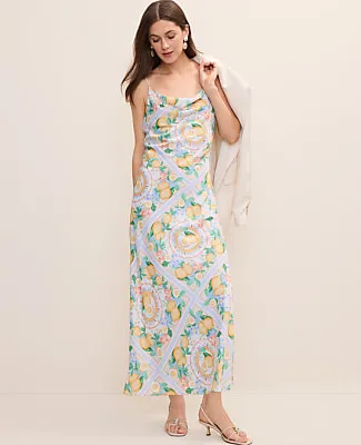 Ann Taylor Petite Lemon Print Cowl Neck Slip Dress in Satin sold by Ann Taylor