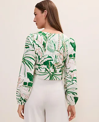 Ann Taylor Palm Print Embroidered V-Neck Blouse in Linen Blend sold by Ann Taylor product image thumbnail 2