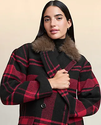 Ann Taylor Petite Weekend Plaid Faux Fur Trimmed Peacoat sold by Ann Taylor product image thumbnail 3