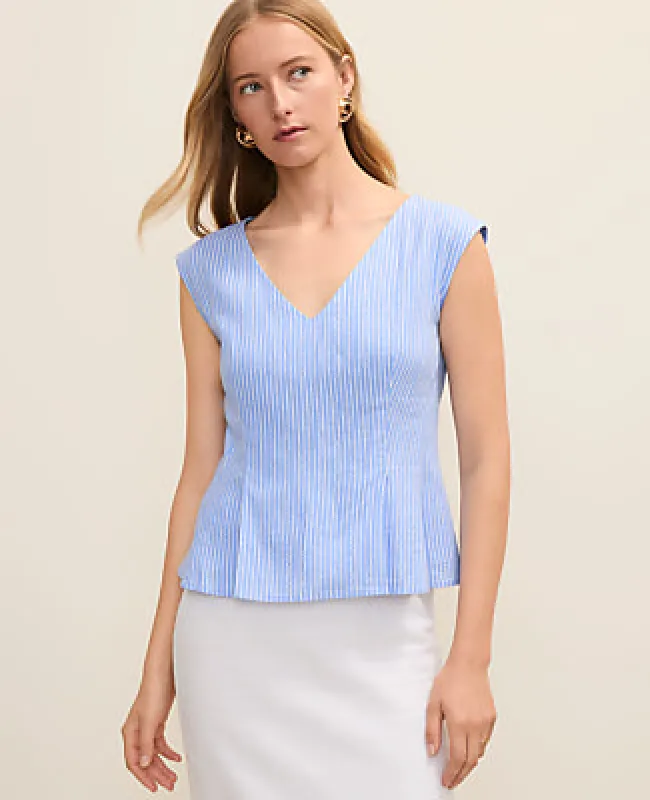 Ann Taylor Striped Peplum Top in Linen Blend made by Ann Taylor