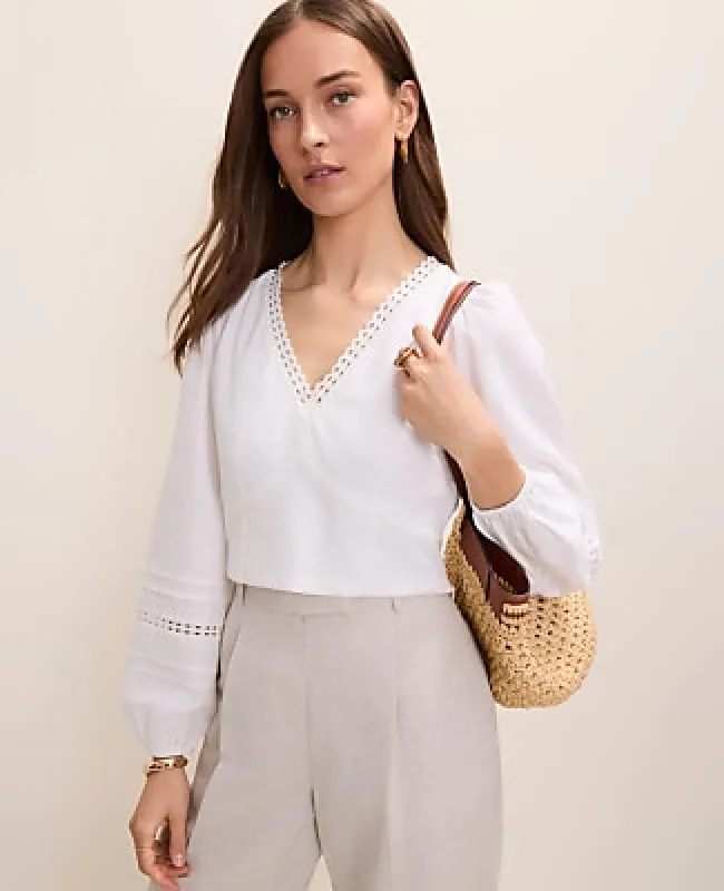 Ann Taylor Embroidered V-Neck Blouse in Linen Blend made by Ann Taylor