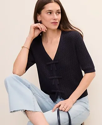 Ann Taylor Textured Stitch Bow Cardigan sold by Ann Taylor