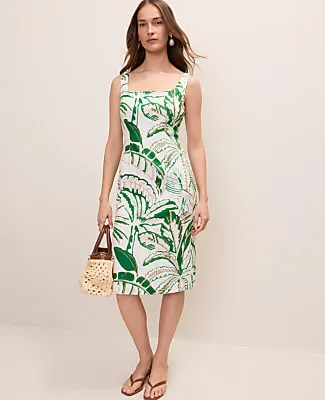 Ann Taylor Palm Tree Print Column Midi Dress in Linen Blend sold by Ann Taylor