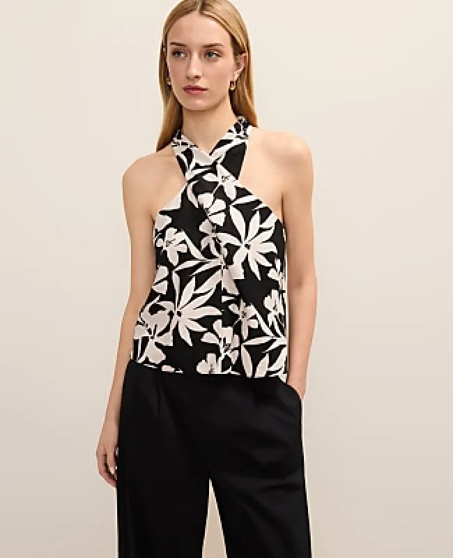 Ann Taylor Floral Twist Halter Top in Linen Blend made by Ann Taylor