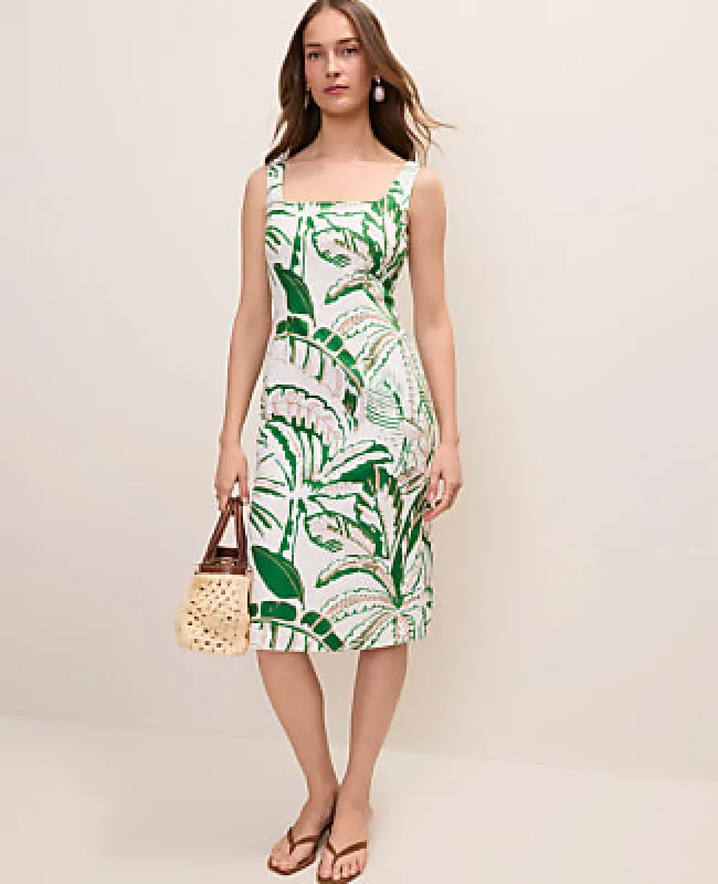 Ann Taylor Palm Tree Print Column Midi Dress in Linen Blend made by Ann Taylor