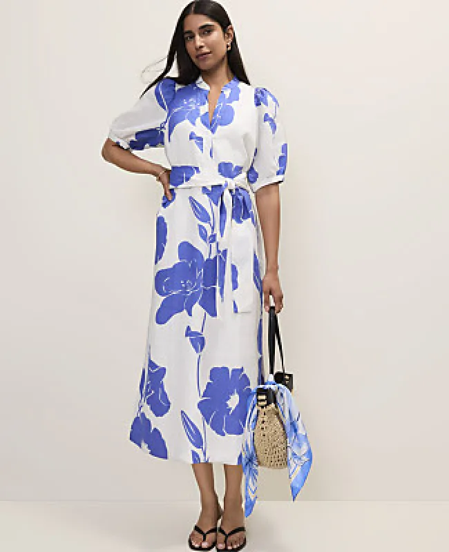 Ann Taylor Petite Floral Puff Sleeve Midi Dress in Linen made by Ann Taylor