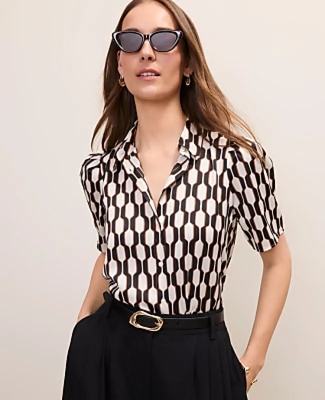 Ann Taylor Geo Print Button Down Shirt in Satin made by Ann Taylor