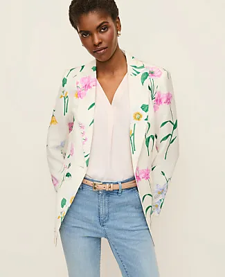 Ann Taylor The Petite Long Single Button Blazer in Floral Linen Blend sold by Ann Taylor