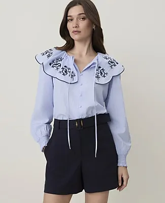 Ann Taylor Petite Weekend Striped Tie Neck Blouse sold by Ann Taylor