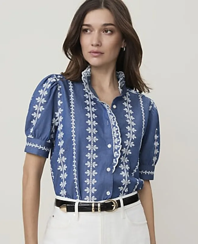 Ann Taylor Weekend Embroidered Ruffle Collar Blouse made by Ann Taylor
