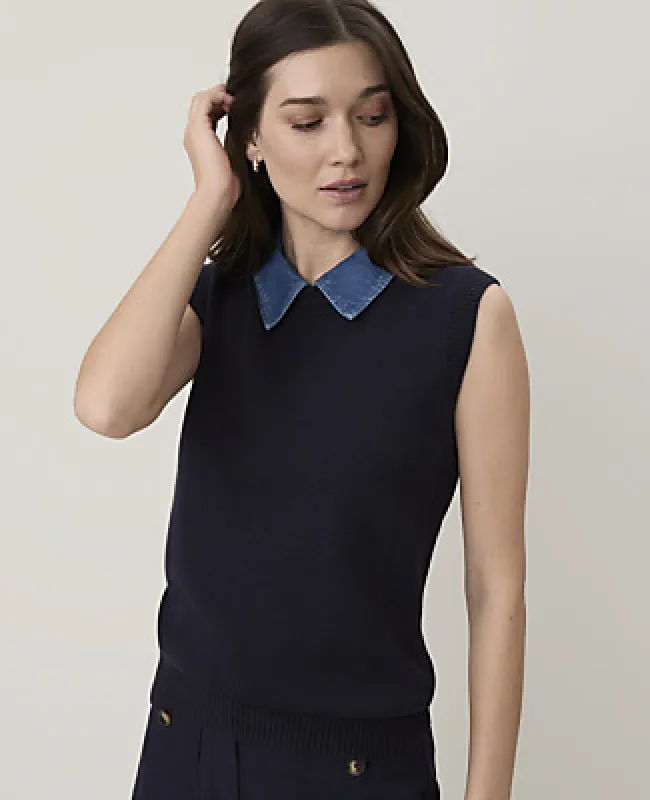 Ann Taylor Petite Weekend Denim Collar Sweater Vest made by Ann Taylor