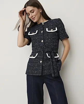 Ann Taylor The Petite Belted Short Sleeve Jacket in Tweed sold by Ann Taylor
