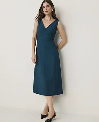 Ann Taylor The Petite Seamed V-Neck Flare Dress in Classic Canvas sold by Ann Taylor