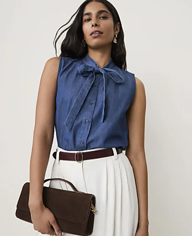 Ann Taylor Sleeveless Bow Neck Blouse in Chambray made by Ann Taylor