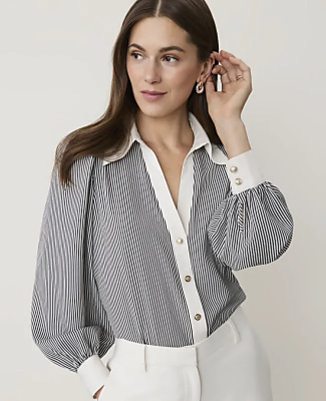 Ann Taylor Petite Striped Split Neck Blouse in Satin made by Ann Taylor