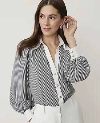Ann Taylor Petite Striped Split Neck Blouse in Satin sold by Ann Taylor