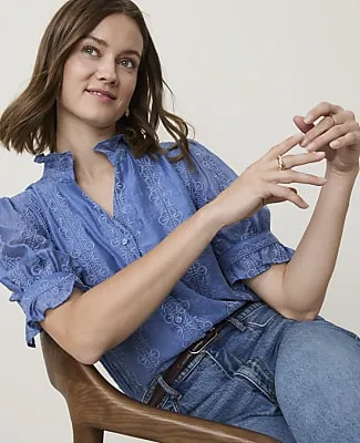 Ann Taylor Embroidered Ruffle Collar Shirt sold by Ann Taylor product image thumbnail 3