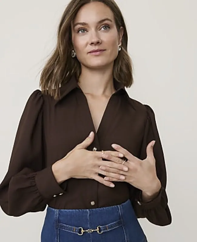 Ann Taylor Petite Split Neck Blouse in Satin made by Ann Taylor