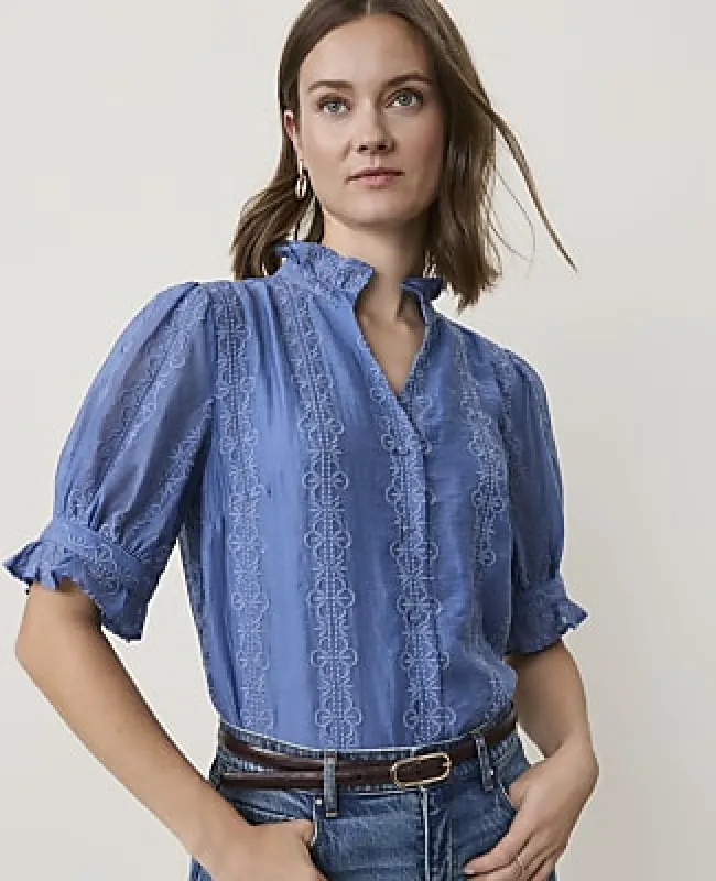 Ann Taylor Petite Embroidered Ruffle Collar Shirt made by Ann Taylor