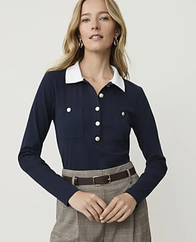 Ann Taylor Contrast Collar Henley Top made by Ann Taylor