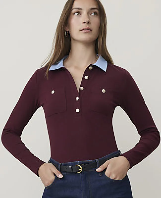 Ann Taylor Petite Contrast Collar Henley Top made by Ann Taylor