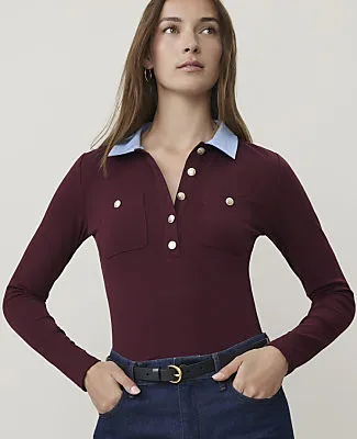 Ann Taylor Petite Contrast Collar Henley Top sold by Ann Taylor