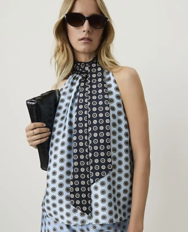Ann Taylor Geo Print Sleeveless Tie Neck Blouse made by Ann Taylor