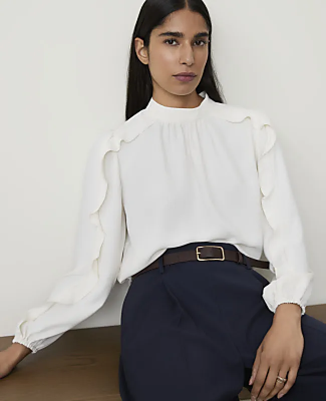 Ann Taylor Petite Mock Neck Ruffle Trim Blouse made by Ann Taylor