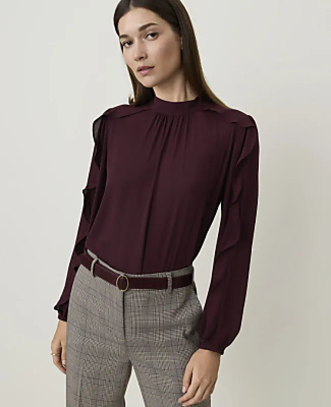 Ann Taylor Petite Mock Neck Ruffle Trim Blouse made by Ann Taylor
