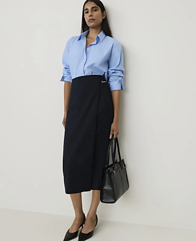 Ann Taylor Petite Pinstripe Hardware Wrap Skirt made by Ann Taylor