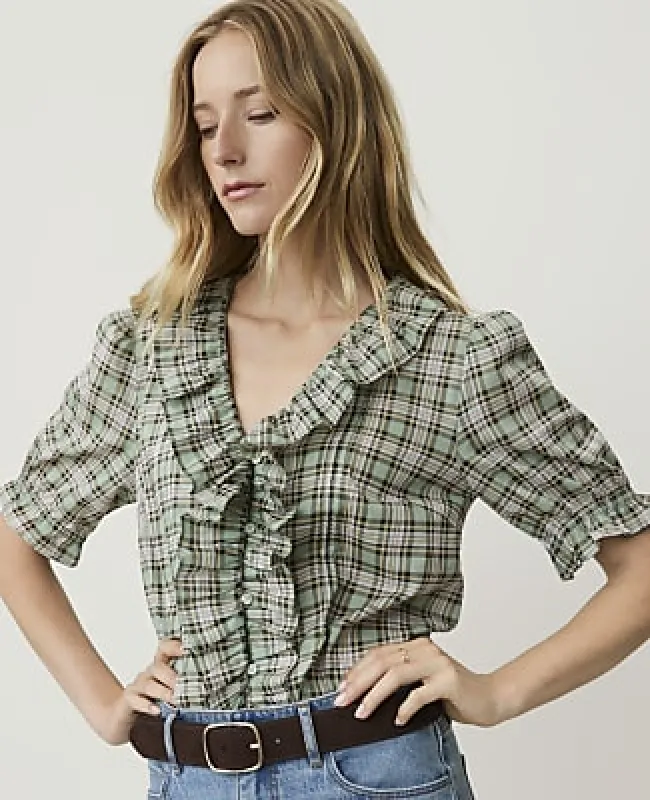 Ann Taylor Petite Weekend Plaid Ruffle Trim Blouse made by Ann Taylor