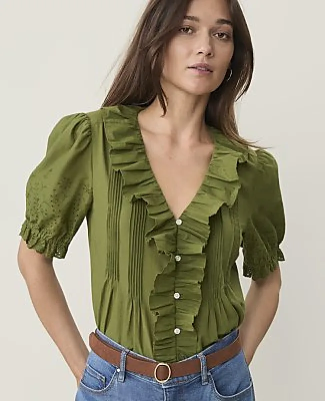 Ann Taylor Weekend Eyelet Ruffle Trim Blouse made by Ann Taylor