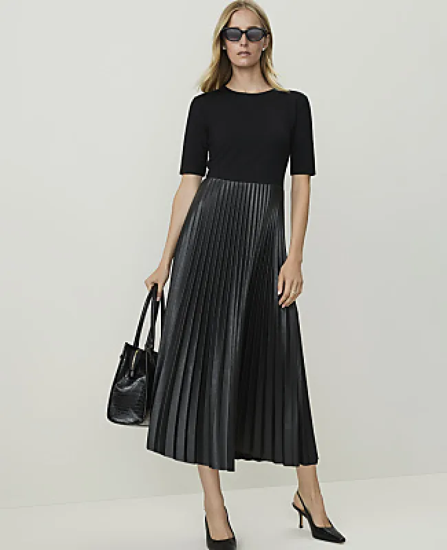 Ann Taylor Petite Pleated Midi Dress in Faux Leather made by Ann Taylor
