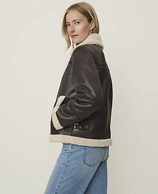 Ann Taylor Petite Weekend Shearling Trim Moto Jacket in Faux Leather sold by Ann Taylor product image thumbnail 2