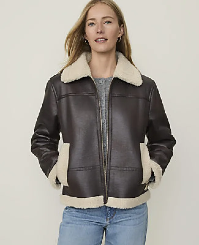 Ann Taylor Weekend Shearling Trim Moto Jacket in Faux Leather made by Ann Taylor