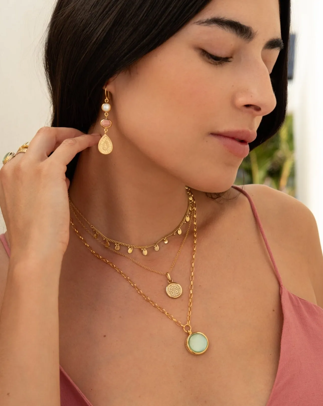 Pink Opal and Mother of Pearl Triple Drop Earrings - Gold sold by Anna Beck product image thumbnail 3