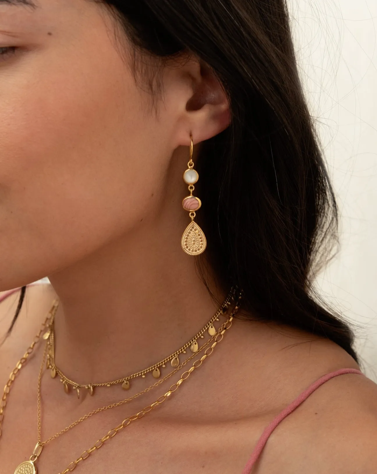 Pink Opal and Mother of Pearl Triple Drop Earrings - Gold sold by Anna Beck product image thumbnail 2