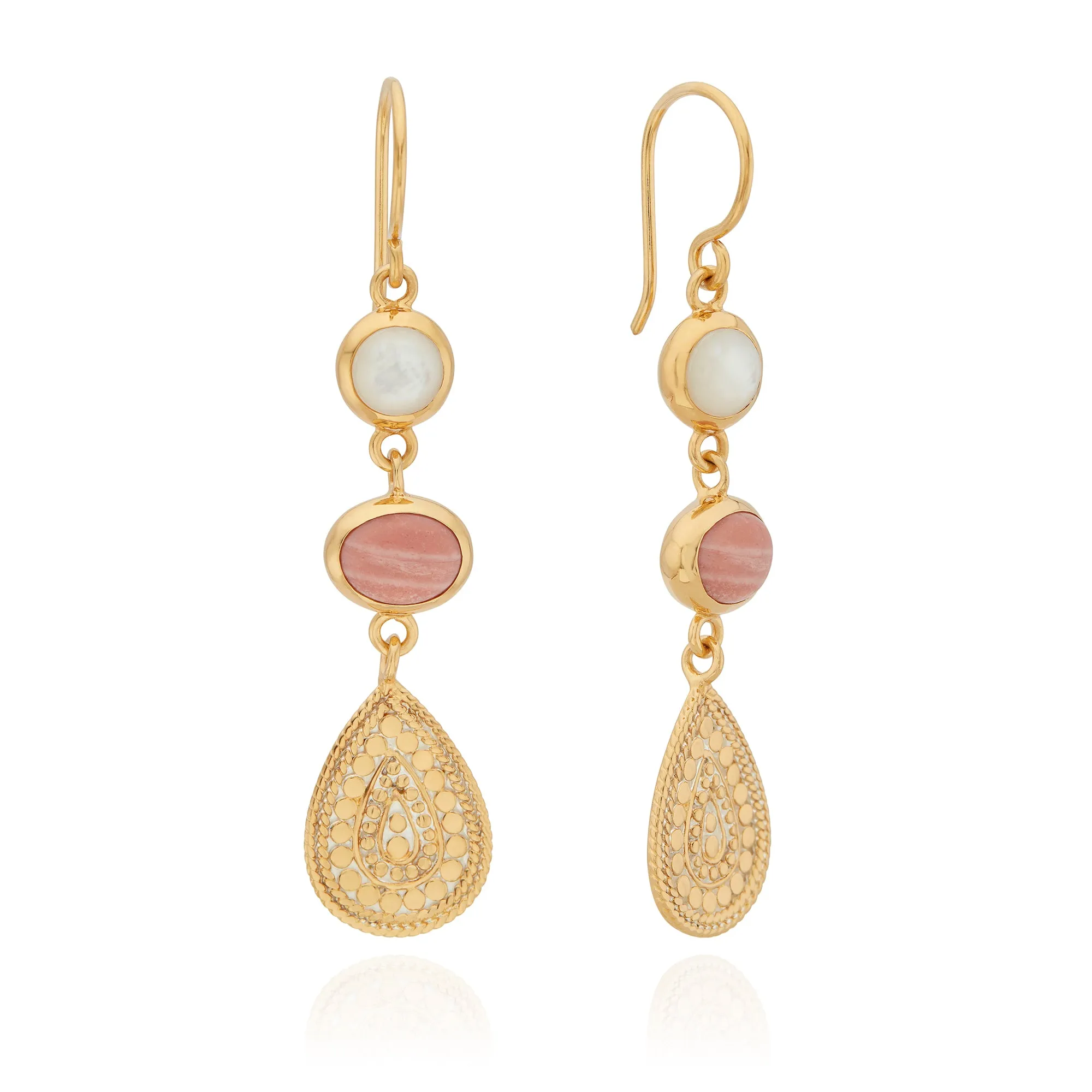 Pink Opal and Mother of Pearl Triple Drop Earrings - Gold sold by Anna Beck