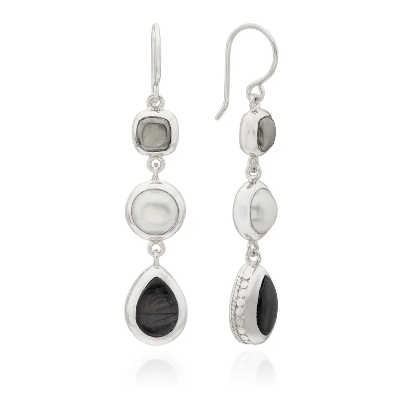 Hypersthene, Pyrite, and Pearl Triple Drop Earrings - Silver sold by Anna Beck