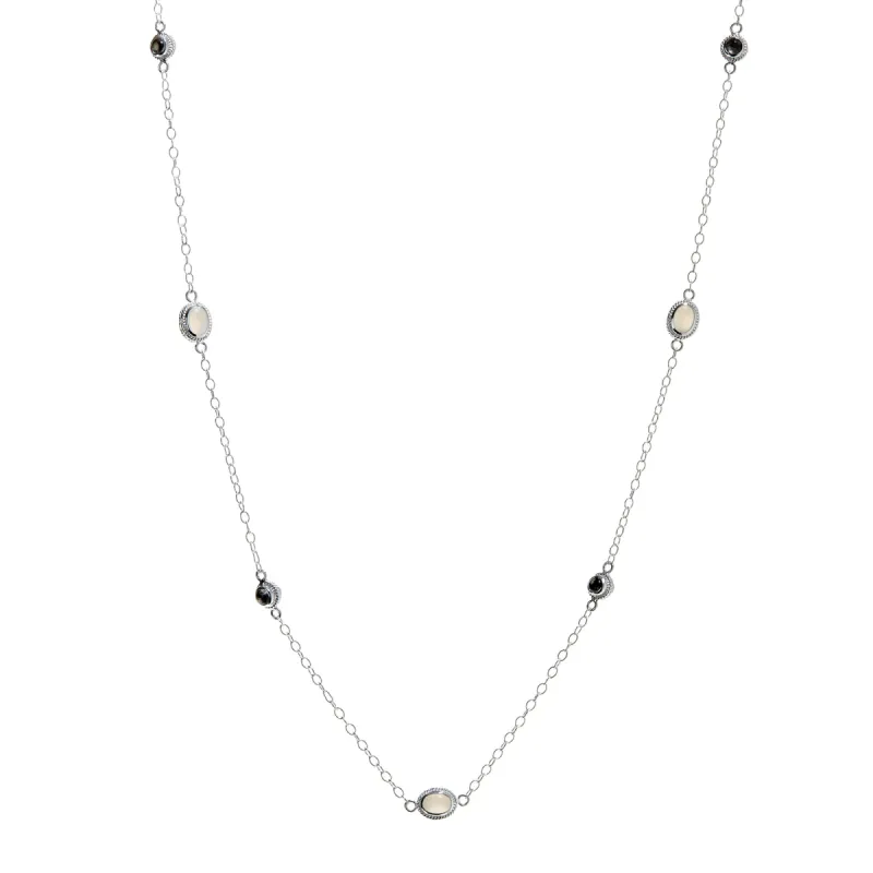 Long Multi Stone Pyrite and White Moonstone Station Necklace sold by Anna Beck