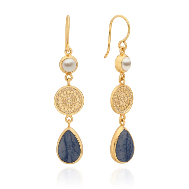 Dumortierite and Pearl Triple Drop Earrings sold by Anna Beck
